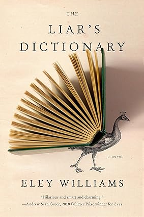 The Liar's Dictionary book cover image features an image of a bird with a fanned book representing its tail